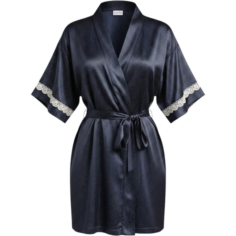Cacique Navy Polka Dot Robe with Lace Trim and Camisole Sz M